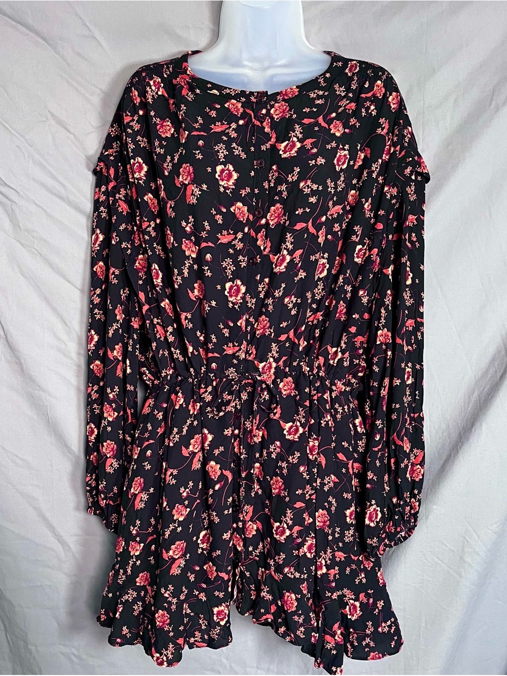 Free People Flower Fields Oversized Floral Mini Dress Black Combo L